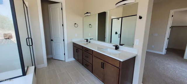 a bathroom with a sink a mirror a vanity and a shower