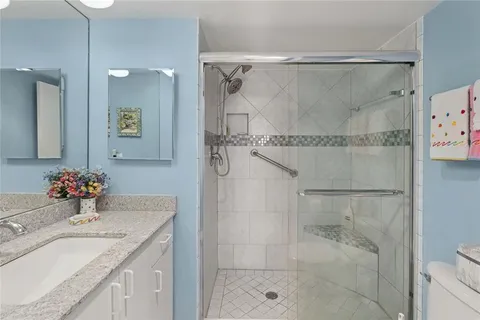 a bathroom with a granite countertop shower sink vanity and mirror