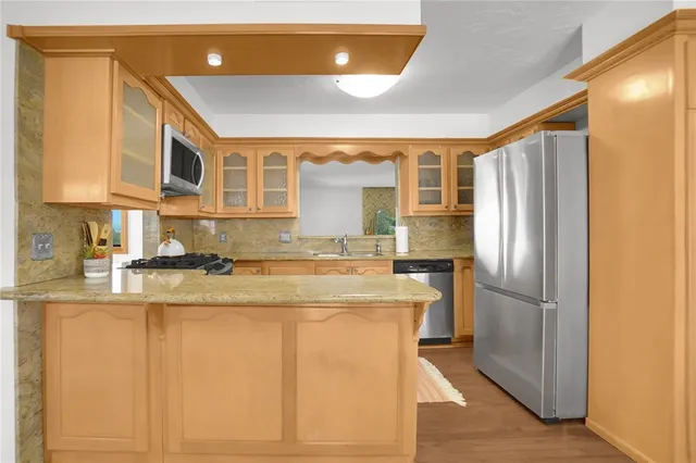 a kitchen with stainless steel appliances granite countertop a refrigerator a sink and wooden cabinets