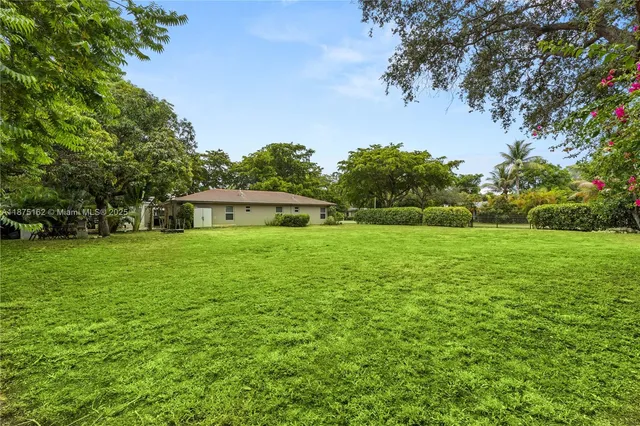 a green field with trees in the background