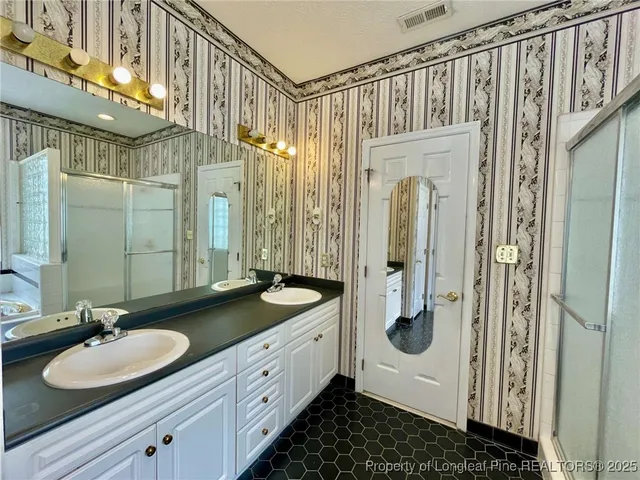 a bathroom with a granite countertop sink a mirror and a shower