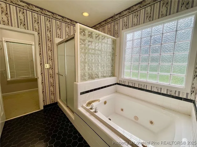 a bathroom with a bathtub and a shower