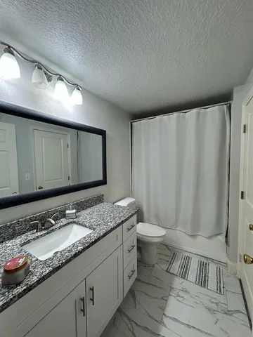 a bathroom with a granite countertop sink and a toilet