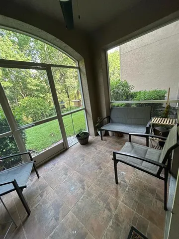 a bench sitting in the middle of a building