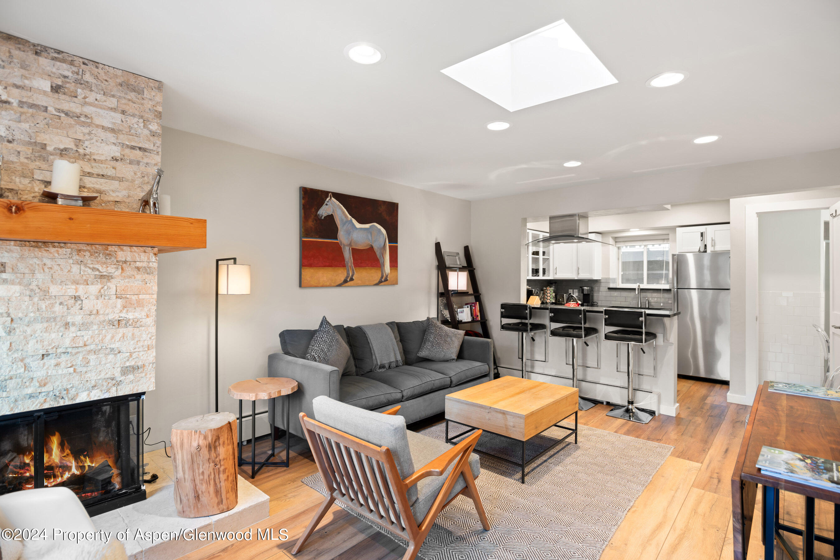 108 West Hyman Avenue, Unit 3 Aspen, CO 81611 - Photo 2 of 12 a living room with furniture a fireplace and a flat screen tv