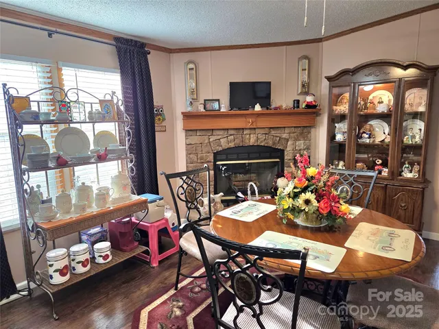 a view of a dining room with furniture and a fireplace