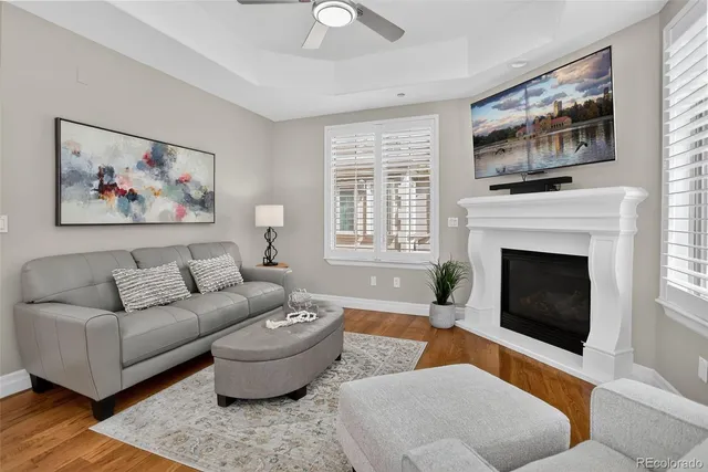 a living room with furniture a flat screen tv and a fireplace
