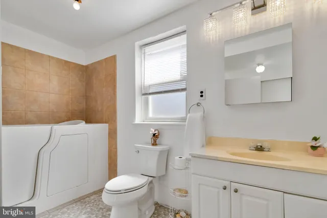 a bathroom with a sink toilet vanity and tub