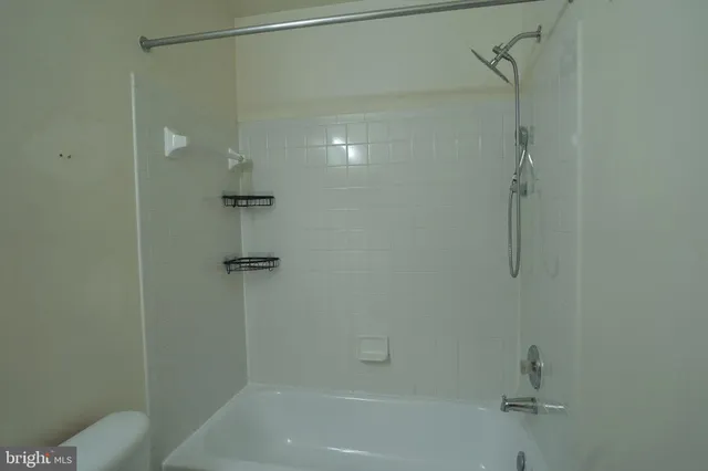 a bathroom with a shower and toilet