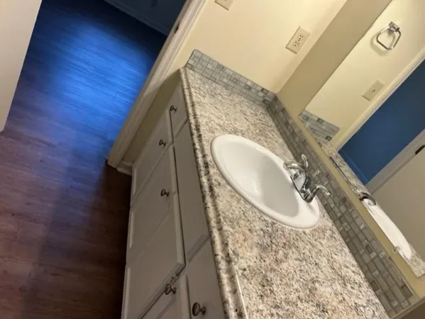a bathroom with a sink and mirror