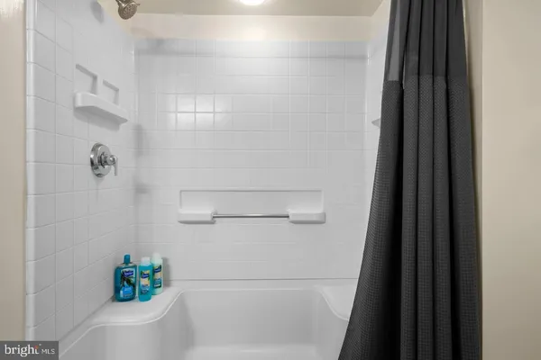 a bathroom with a shower and a toilet