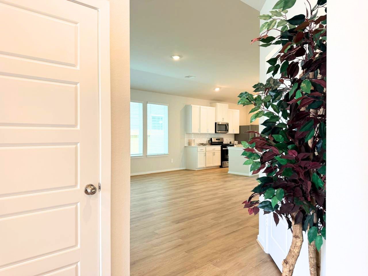 16246 Parish Pointe Court Conroe, TX 77302 - Photo 6 of 32 a view of a hallway with wooden floor and a potted plant