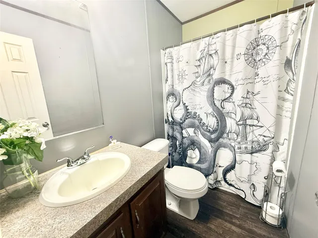 a bathroom with a granite countertop sink toilet and a mirror