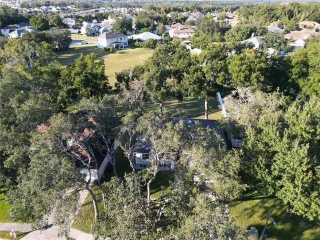 an aerial view of a house with swimming pool a yard and a large tree