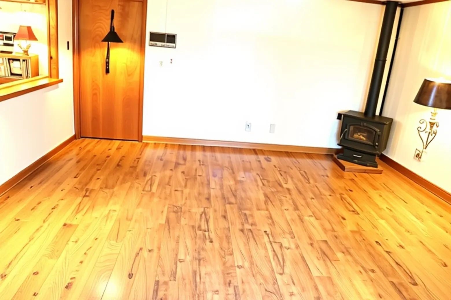 937 Kelleys Chapel Road Burlison, TN 38015 - Photo 6 of 40 Wood-finish flooring throughout, featuring a corner-installed wood-burning stove with a black stovepipe, a natural wood interior door, and white wall finishes