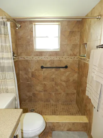 a bathroom with a shower and a toilet