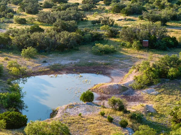 an aerial view of residential houses with outdoor space and trees