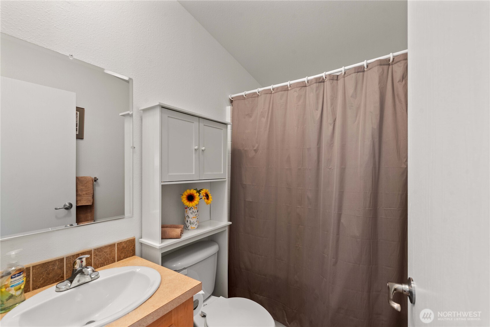1000 Highway 150, Unit 17 Manson, WA 98831 - Photo 11 of 15 a bathroom with a sink a toilet a shower curtain and a mirror