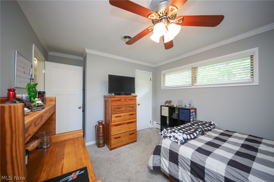 3362 Granger Road Medina, OH 44256 - Photo 23 of 49 Bedroom with light colored carpet, a baseboard radiator, ceiling fan, and ornamental molding