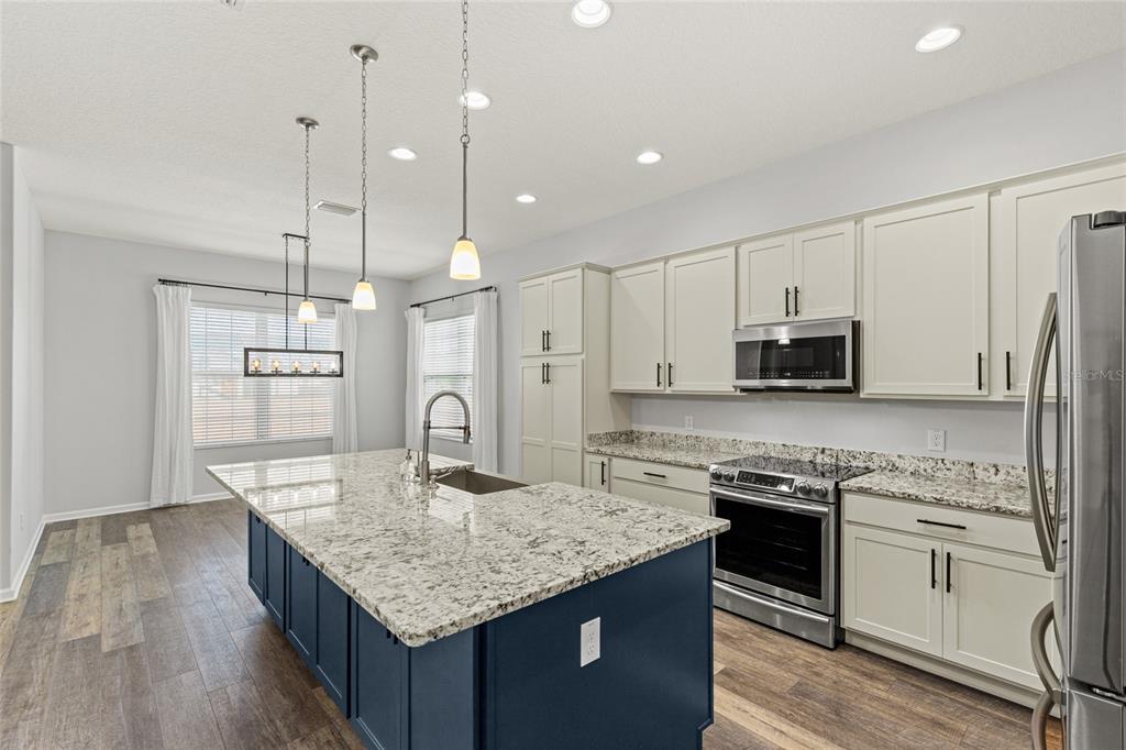 11202 Roz Way Oxford, FL 34484 - Photo 15 of 44 a kitchen with stainless steel appliances granite countertop a kitchen island hardwood floor sink stove and refrigerator