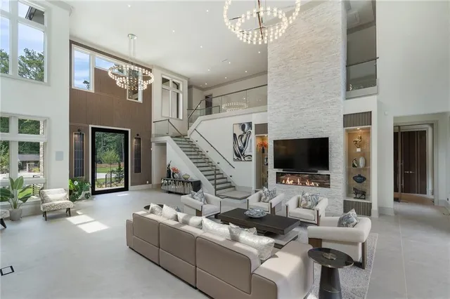 a large living room with a large window