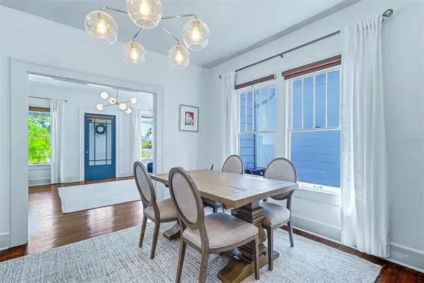 a view of a dining room with furniture window and wooden floor
