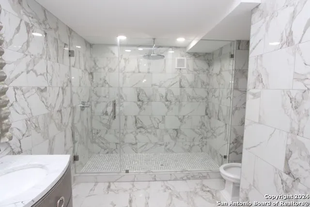 a bathroom with a shower and a toilet