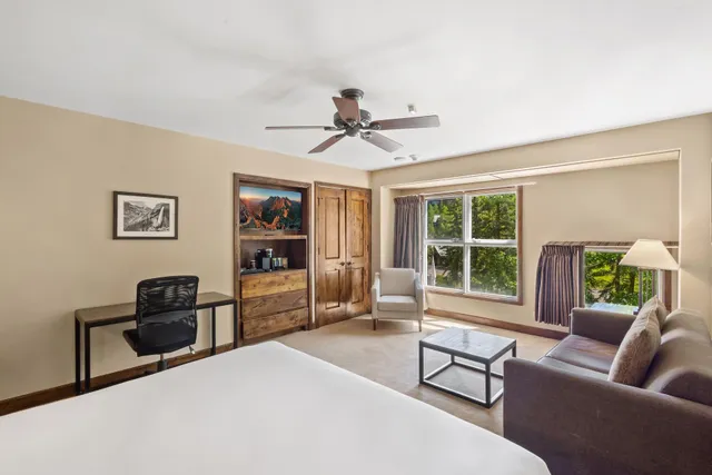 a bedroom with furniture and a window