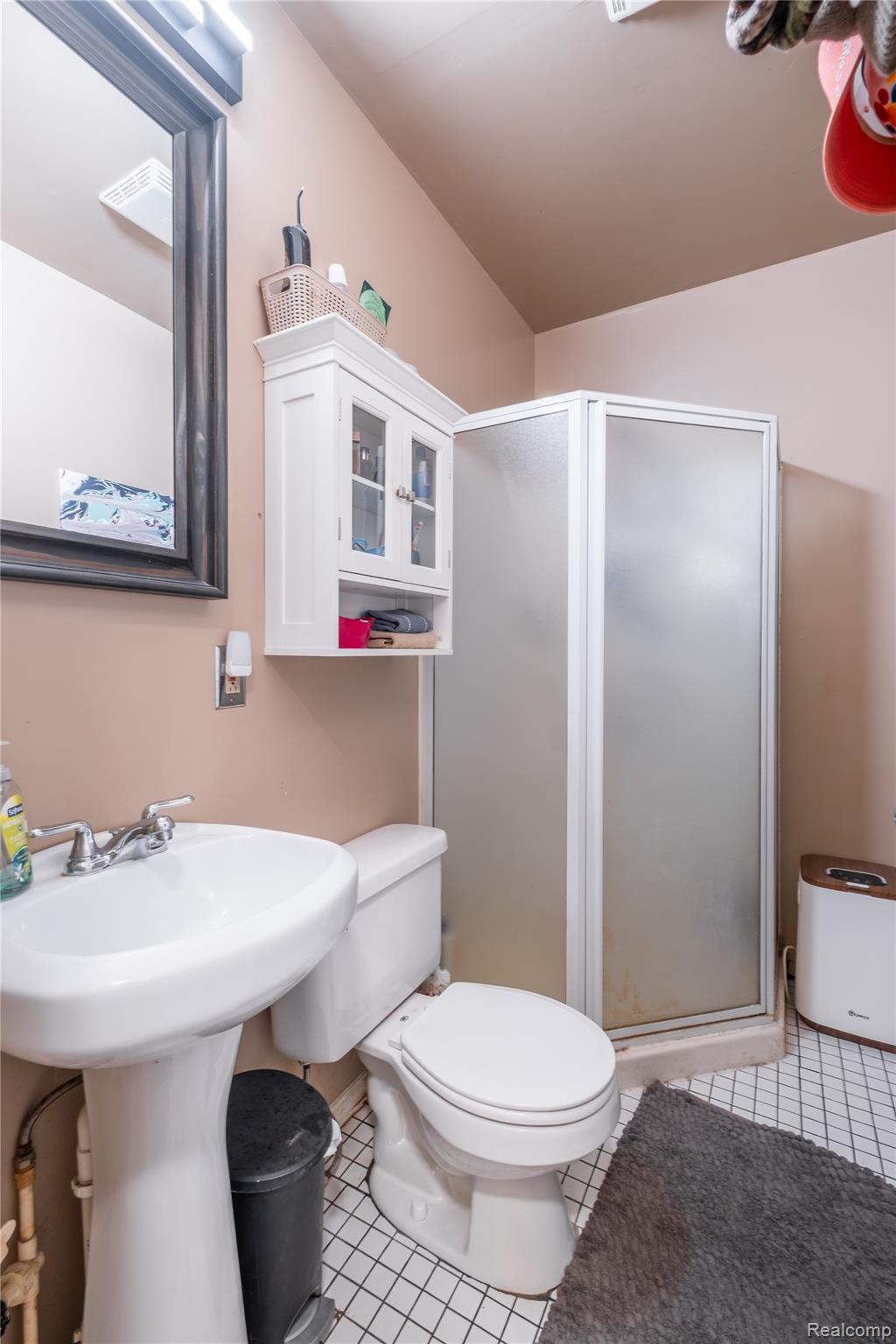 7800 Maple Street Birch Run, MI 48415 - Photo 11 of 29 Bathroom featuring a pedestal sink, white toilet, and a stand-up shower with frosted glass enclosure