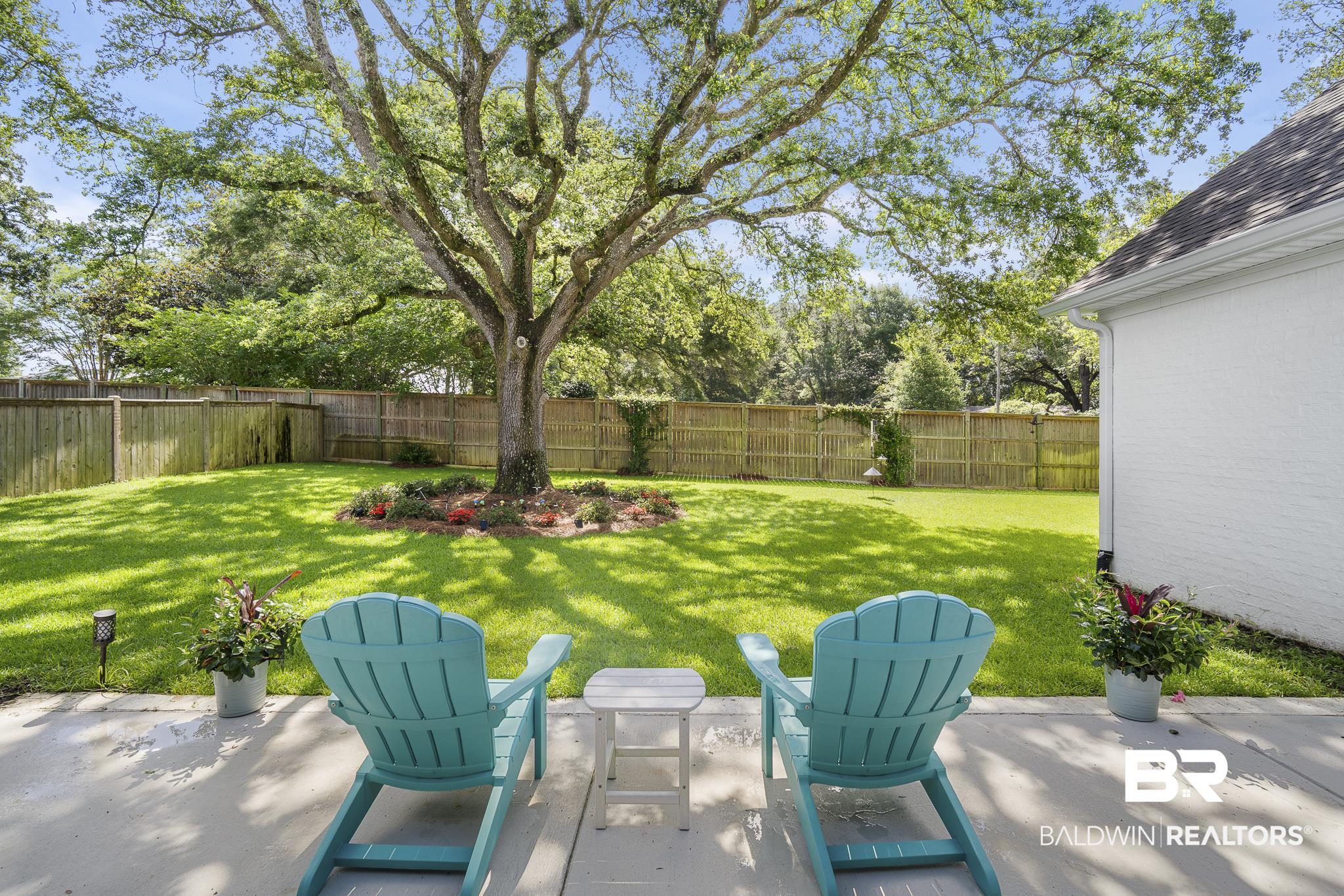 21702 Pillars Street Fairhope, AL 36532 - Photo 36 of 54 Expansive backyard featuring a mature shade tree, manicured lawn, and wood privacy fencing