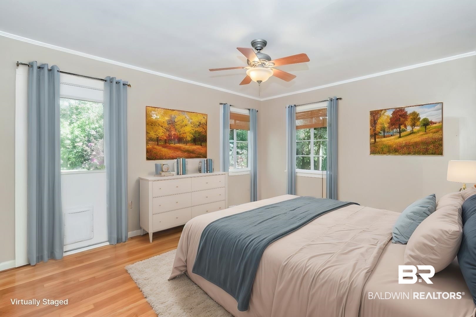 419 Ridgecrest Court Mobile, AL 36609 - Photo 15 of 20 Bedroom with crown molding, light wood-style flooring, and ceiling fan