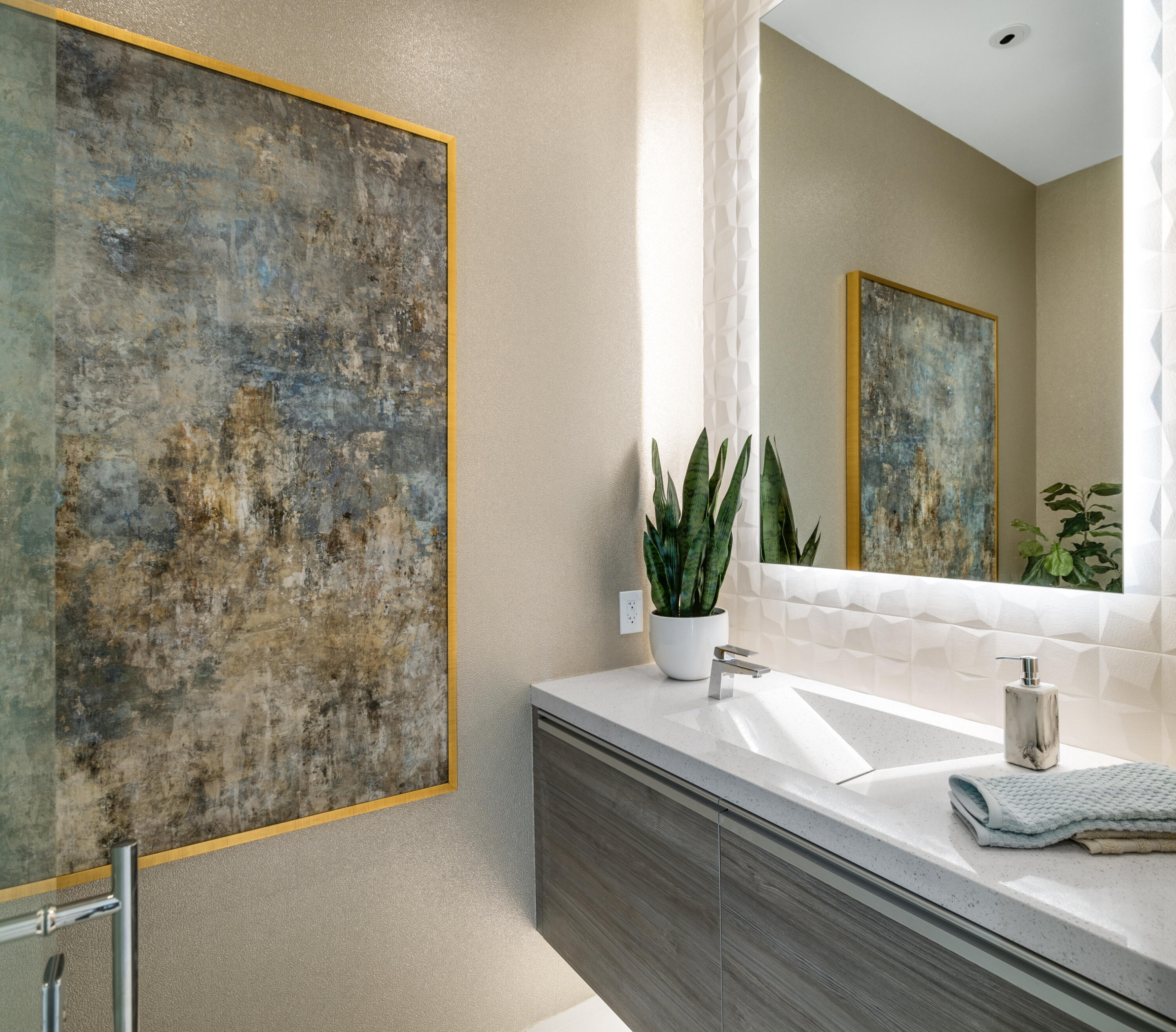 2696 Anza Trail Palm Springs, CA 92264 - Photo 31 of 99 a bathroom with a granite countertop sink a mirror and shower