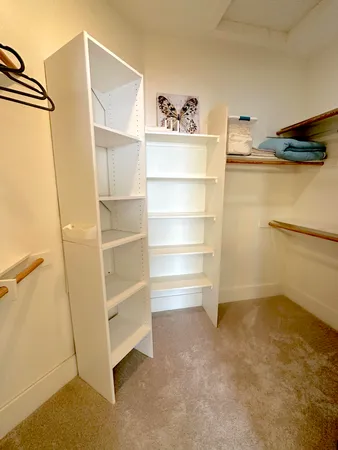 a view of walk in closet with empty racks