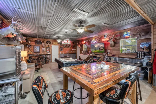 a view of a dining room with furniture