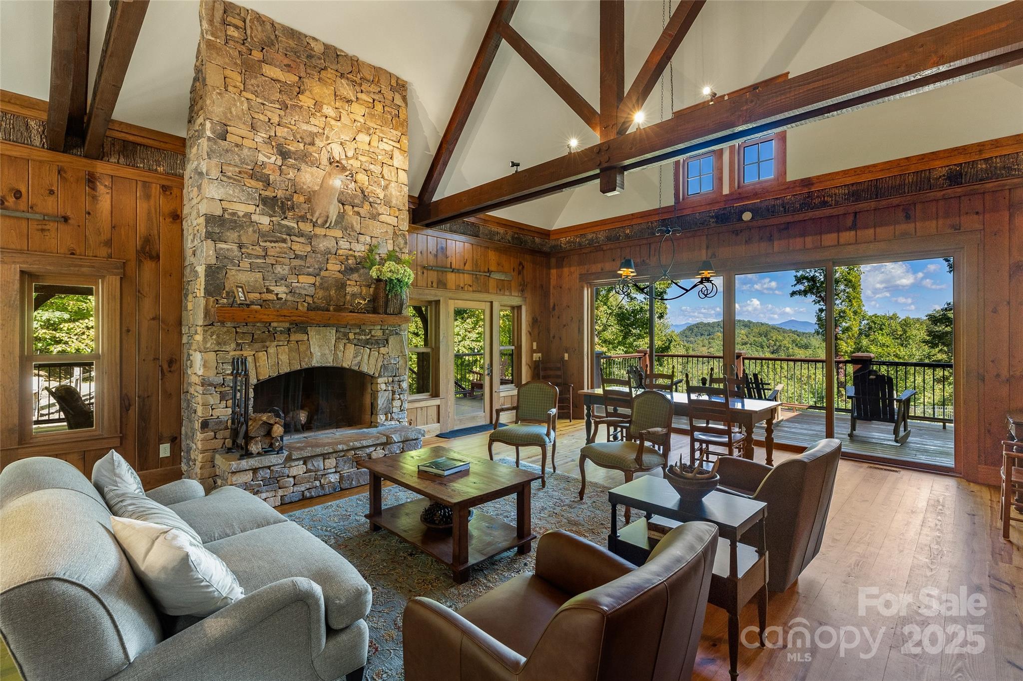 Lot 39 Sweet Spring Trail, Unit 39 Glenville, NC 28736 - Photo 22 of 27 a living room with furniture a fireplace and floor to ceiling windows