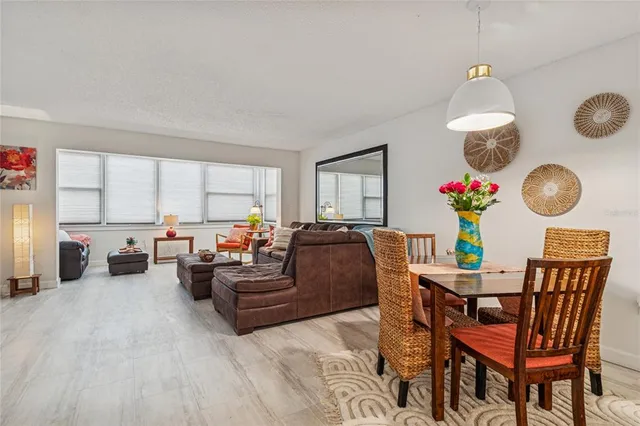a living room with furniture a rug and a large window