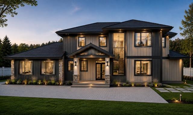 H T Y Road Kunkletown, PA 18058 - Photo 1 of 11 A striking contemporary residence boasts a grand entrance and well-manicured landscaping, illuminated by stylish outdoor lighting.
