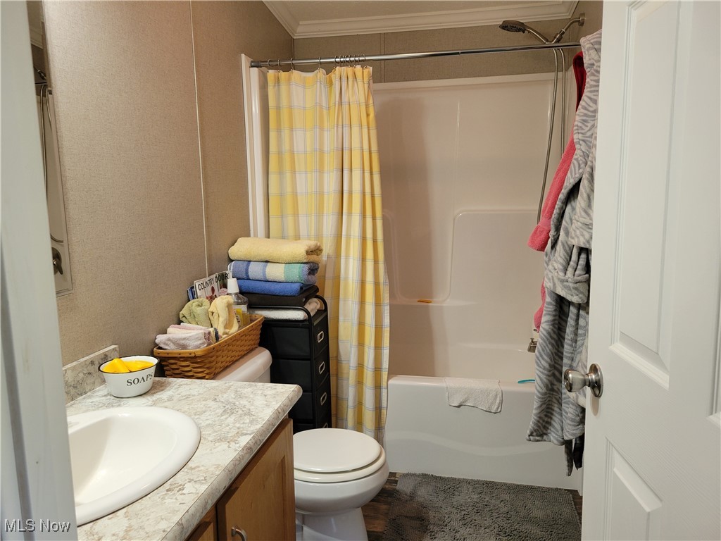 85645 Merryman Road Cadiz, OH 43907 - Photo 16 of 38 Full bathroom featuring ornamental molding, vanity, toilet, and shower / tub combo