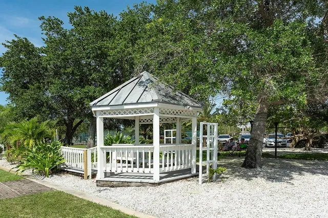a view of a swimming pool with a yard and palm trees