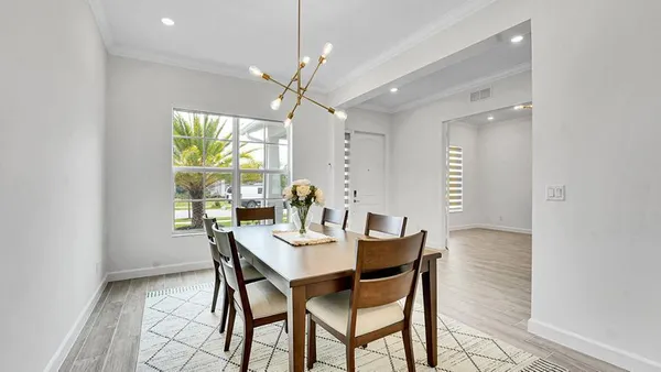 a view of a dining room with furniture window and outside view