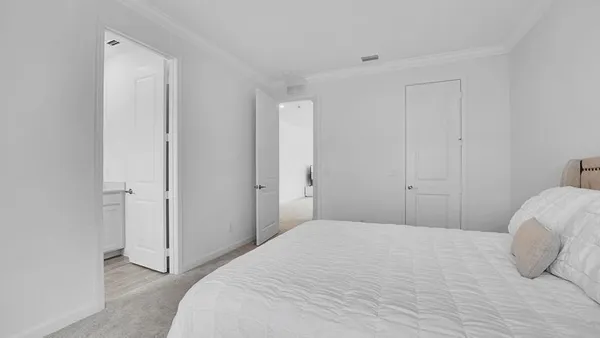 a bedroom with a bed and a closet