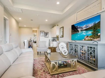 a living room with furniture a rug and a window