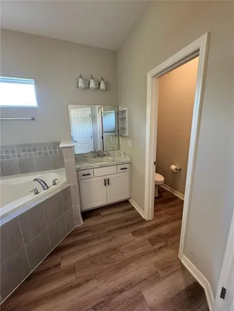 a bathroom with a tub sink and mirror