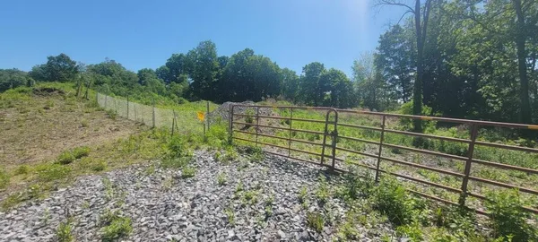 a view of a yard with wooden fence