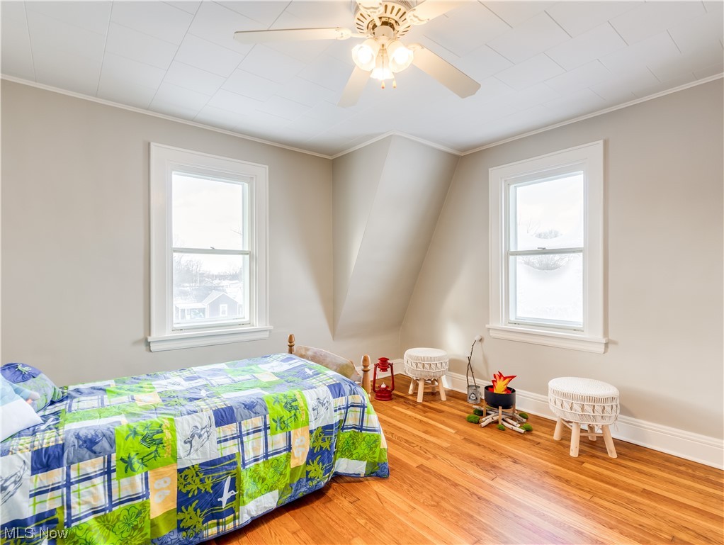 672 Brittain Road Akron, OH 44305 - Photo 20 of 24 Bedroom with ornamental molding, light hardwood / wood-style flooring, multiple windows, and ceiling fan