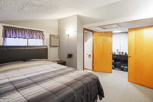 a bedroom with a bed and a closet