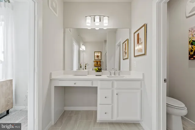 a bathroom with a sink vanity and a mirror