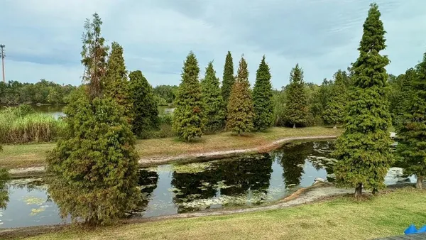a view of a swimming pool with an outdoor seating and trees