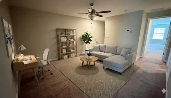 a living room with furniture and a chandelier
