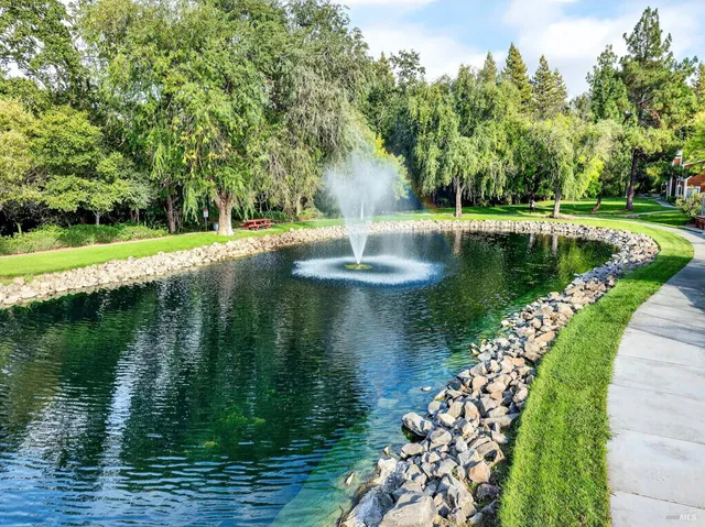 a view of a lake with a yard and large trees